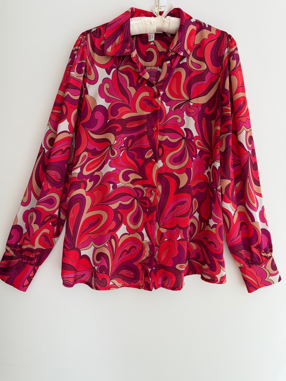 HAVER & BLAIR London Blouse Satin Colourful Swirl Long Sleeve Button Front Chic - Picture 3 of 15